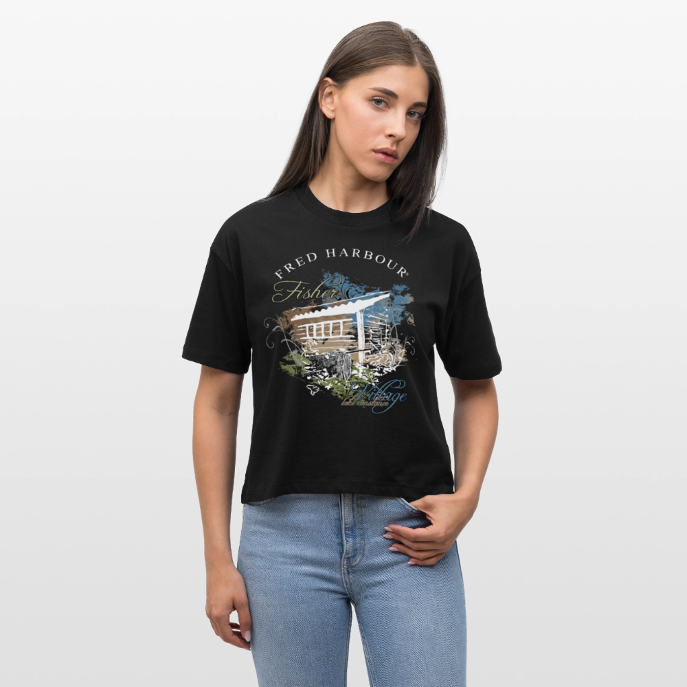 Women Boxy T-Shirt   „Fisher Village“ - Schwarz
