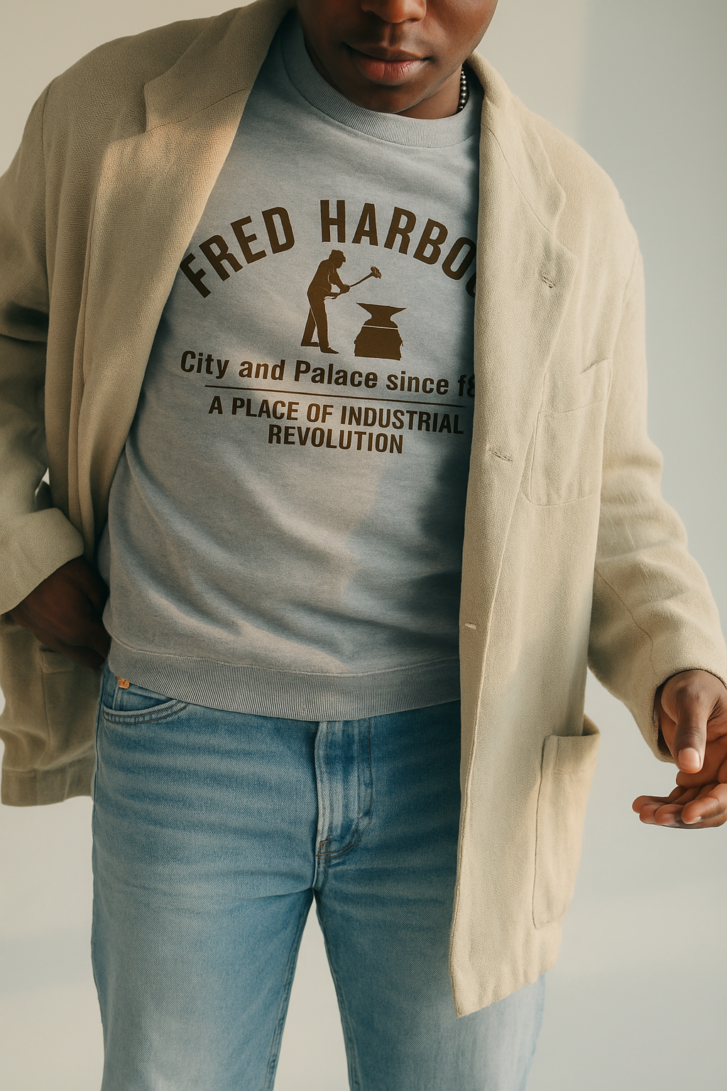 Model trägt Vintage T-Shirt mit historischer Schriftzug – Fred Harbour Fashion